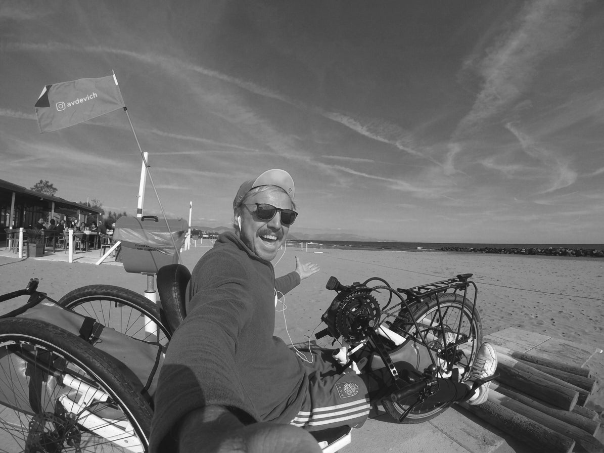 Sasha Avdevich on his handbike on the beach